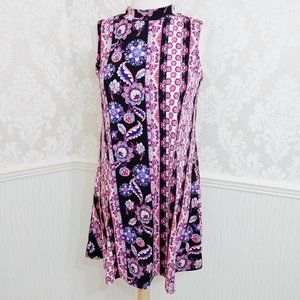 Pink Rose High Neck Sleeveless Artsy Floral Prints Trapeze Dress Y2K Kawaii